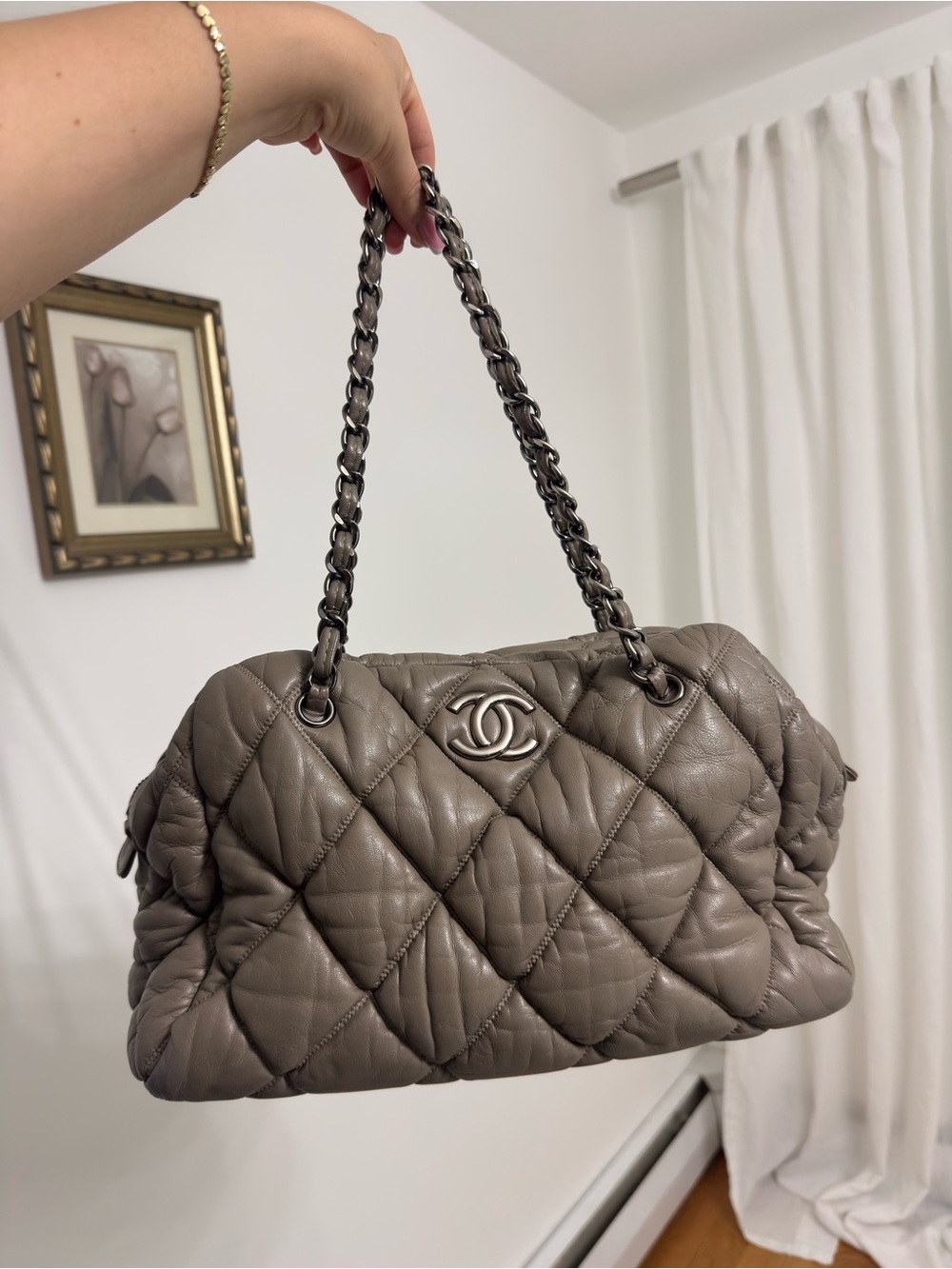 CHANEL Quilted Shoulder Bag in Taupe Gray Leather